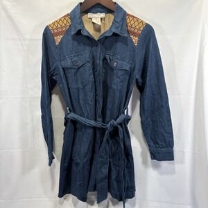Women's Flying Tomato Medium Denim Mini Aztec Western Belted Pockets Shirt Dress